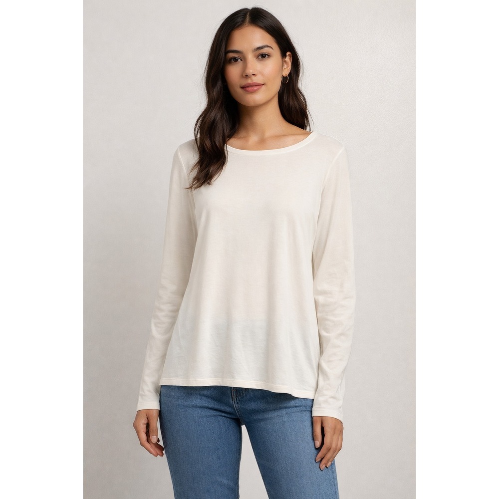 Eileen Fisher Size Small Long Sleeve Stretch Tencel Jersey Top Ivory Boat Neck